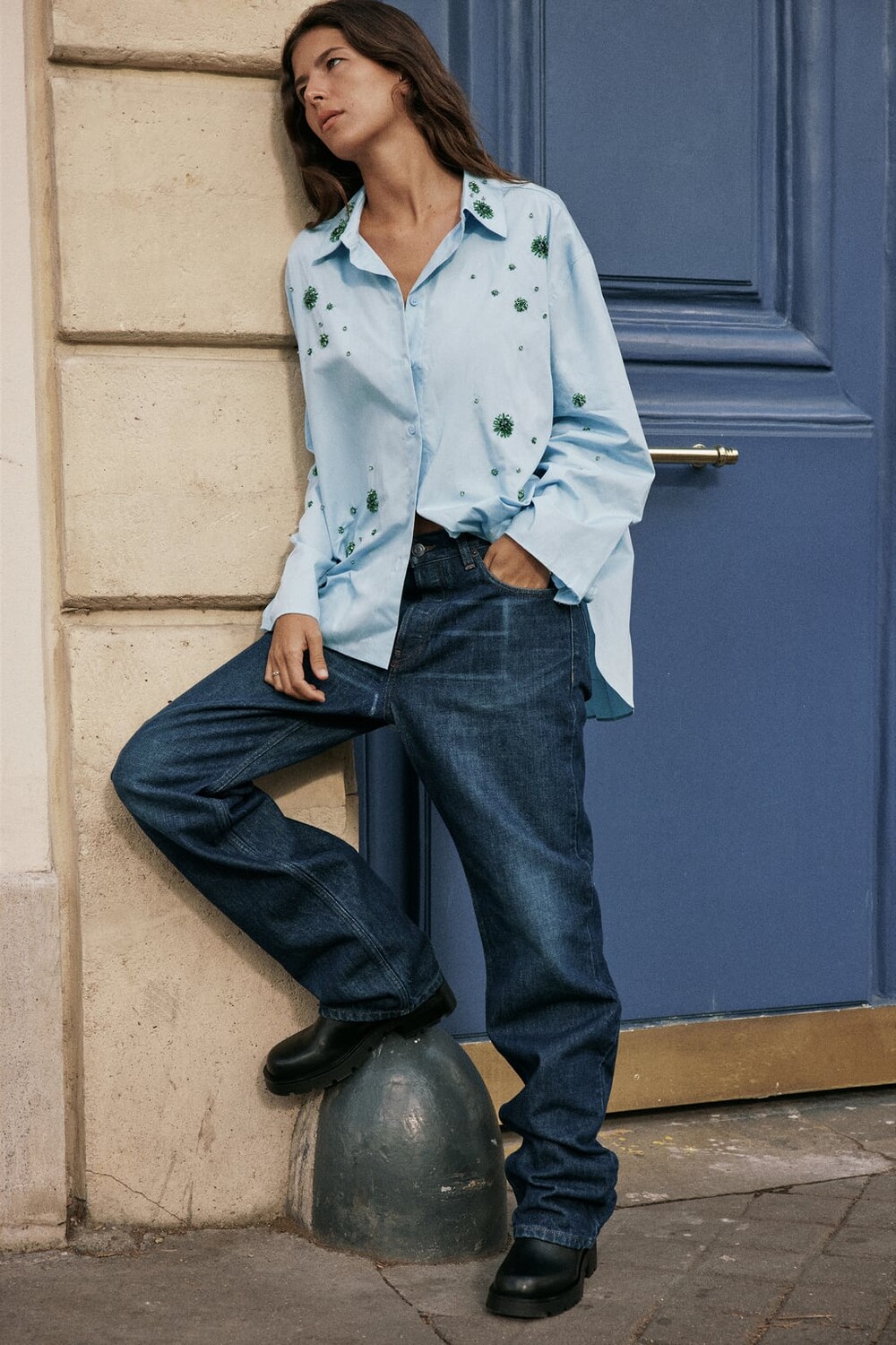 

Рубашка с вышивкой и стразами ZARA, синий
