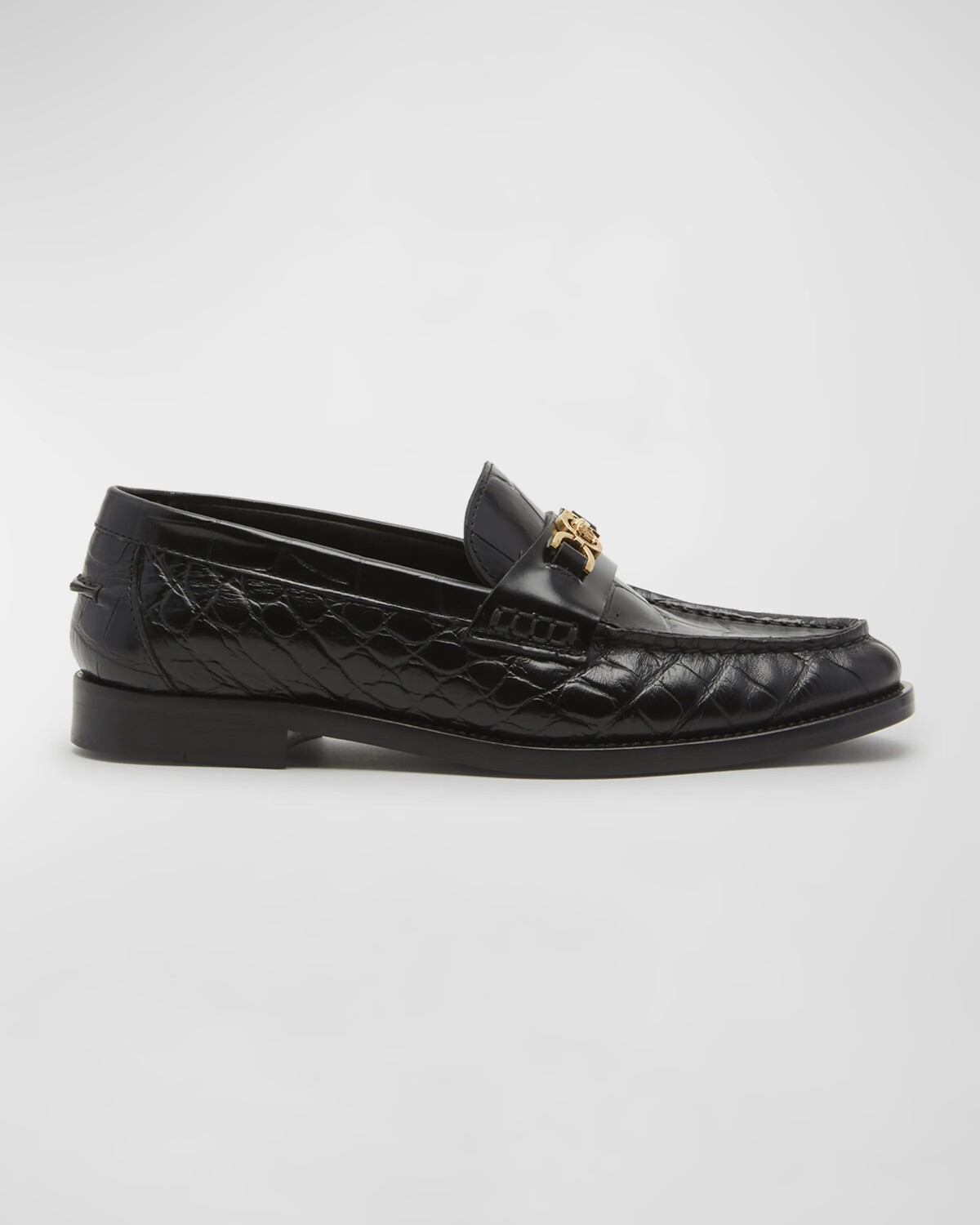 

Слипоны из крокодиловой кожи с декором Medusa, цвет Black-Versace Gold