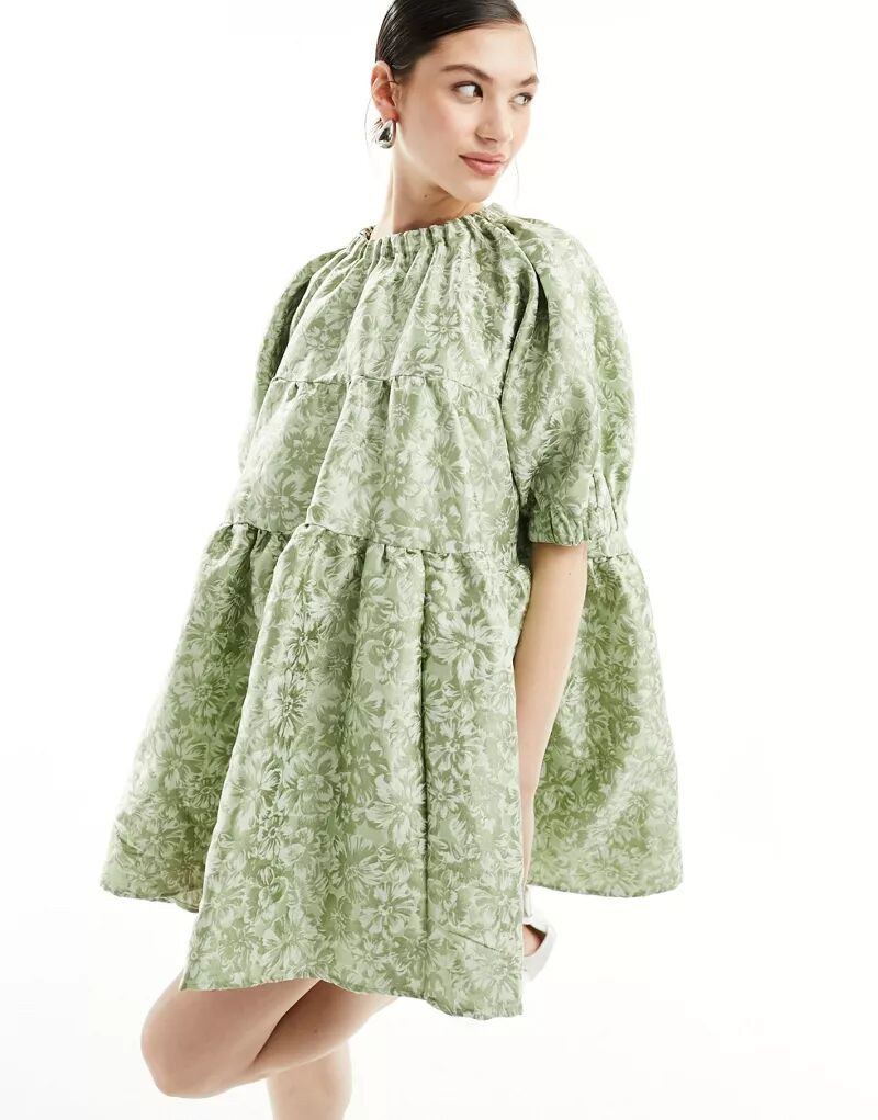 Мягкое жаккардовое мини-платье нежно-зеленого цвета с эффектом металлик Sister Jane Thimble