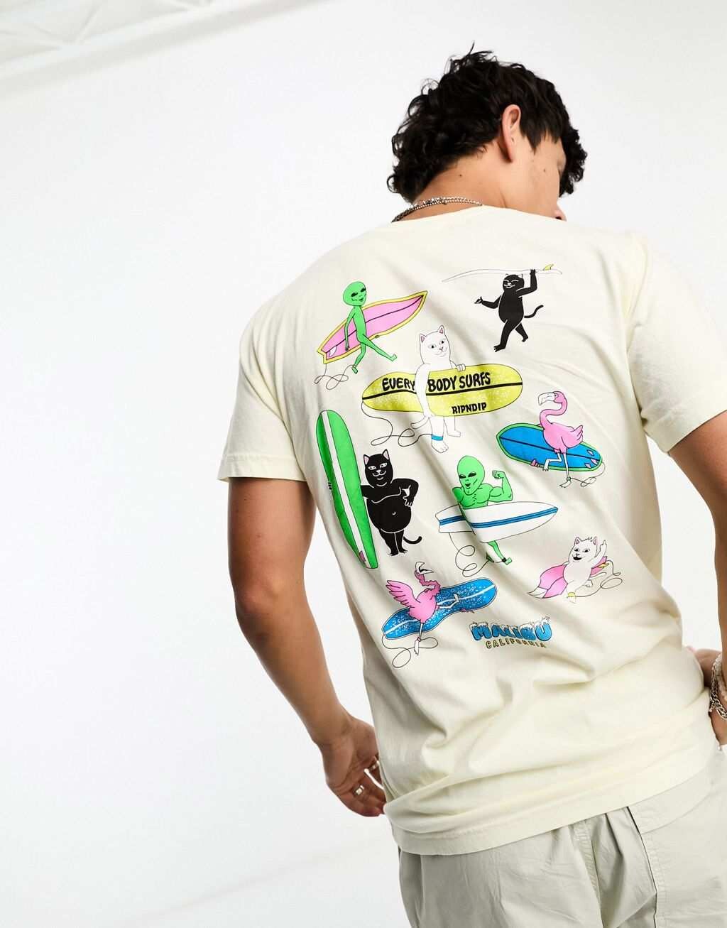 

Бежевая футболка с короткими рукавами RIPNDIP с принтом «все для серфинга» на груди и спине, Бежевый