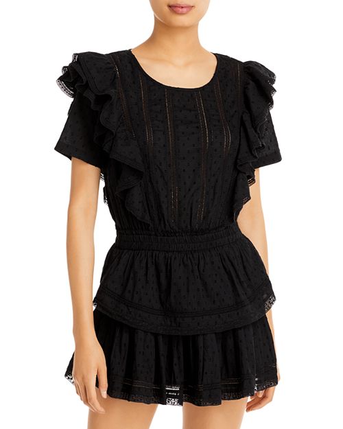 цена Черное мини-платье с короткими рукавами и люверсами Natasha LoveShackFancy, цвет Black