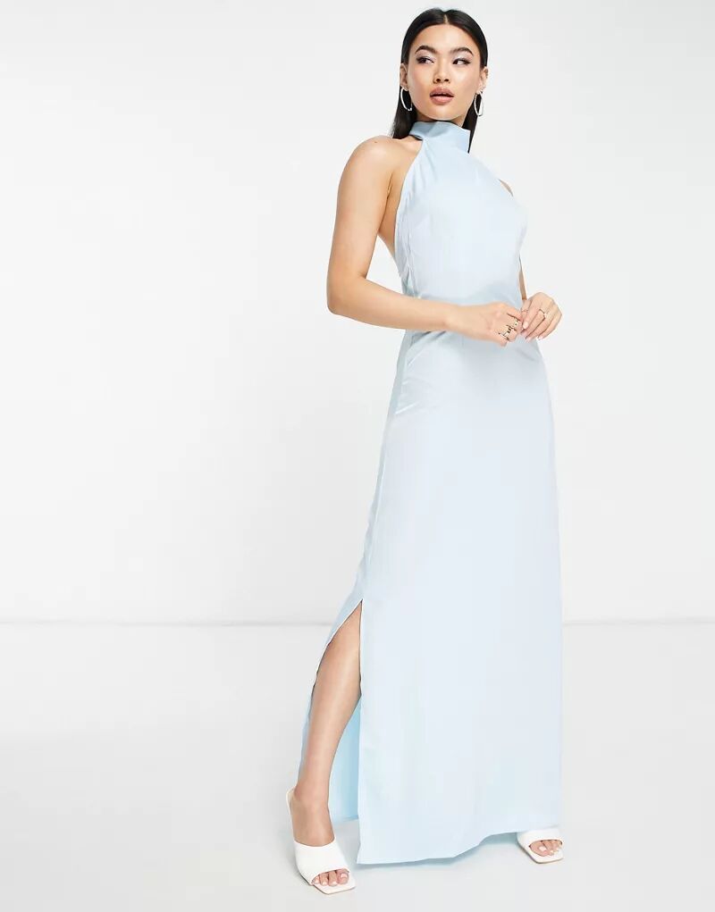 Unique21 – платье макси нежного синего цвета с завязками на шее и разрезом по низу платье oodji нежного цвета 42 размер новое