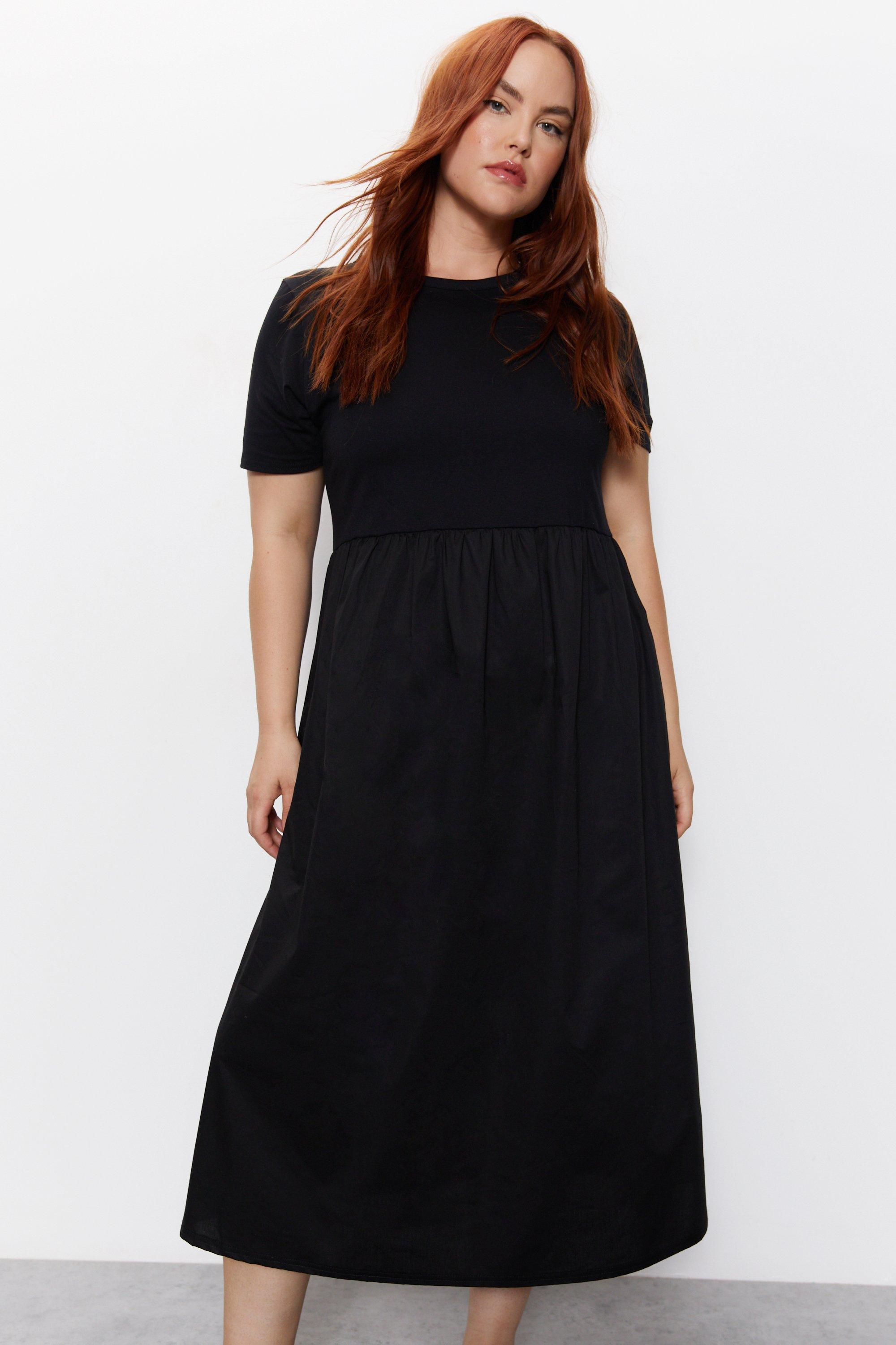 Платье миди из комбинированной ткани с короткими рукавами и плюсом Warehouse, черный