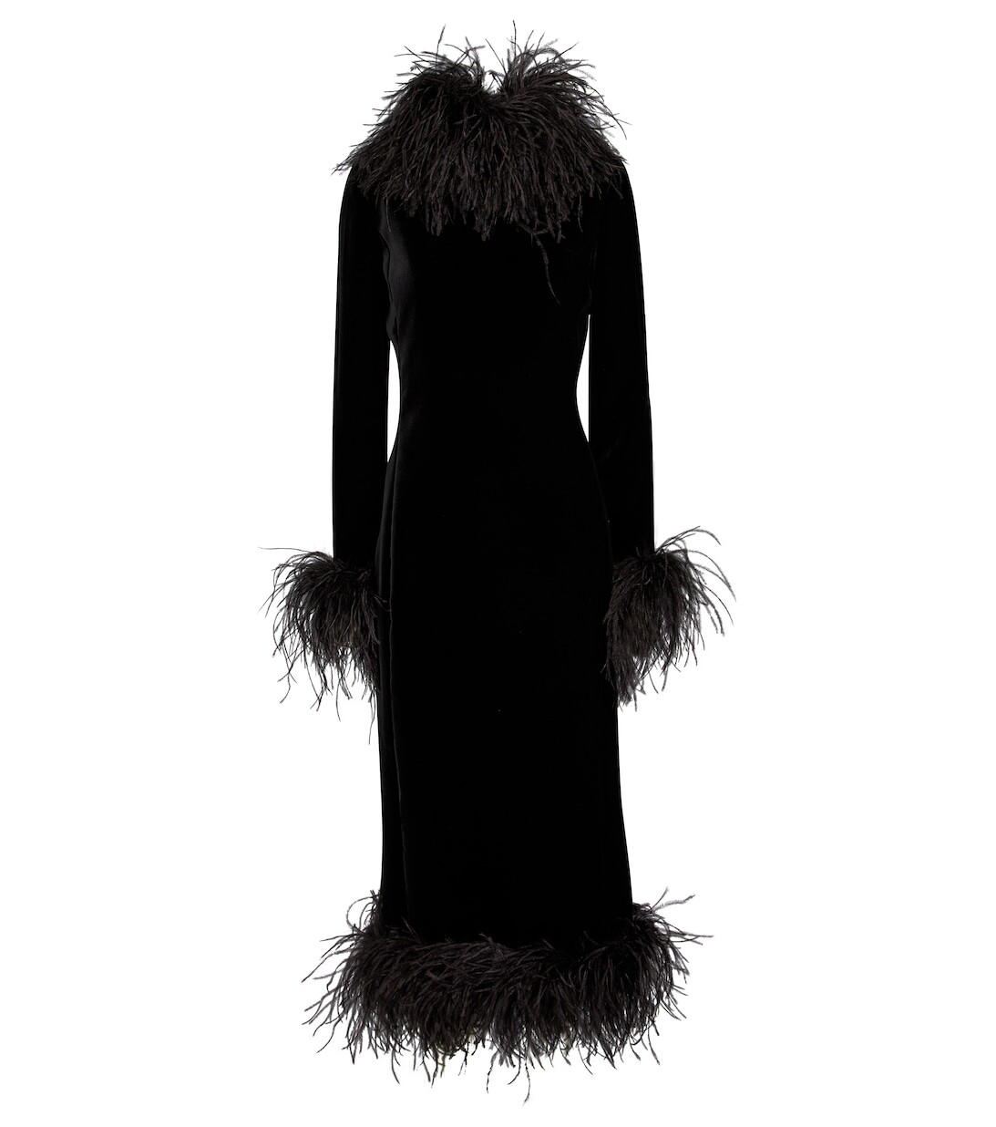 

Бархатное платье с отделкой перьями SAINT LAURENT, черный