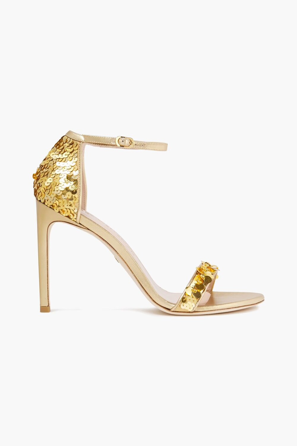 

Украшенные металлические босоножки из шелкового атласа и кожи. Stuart Weitzman, золото