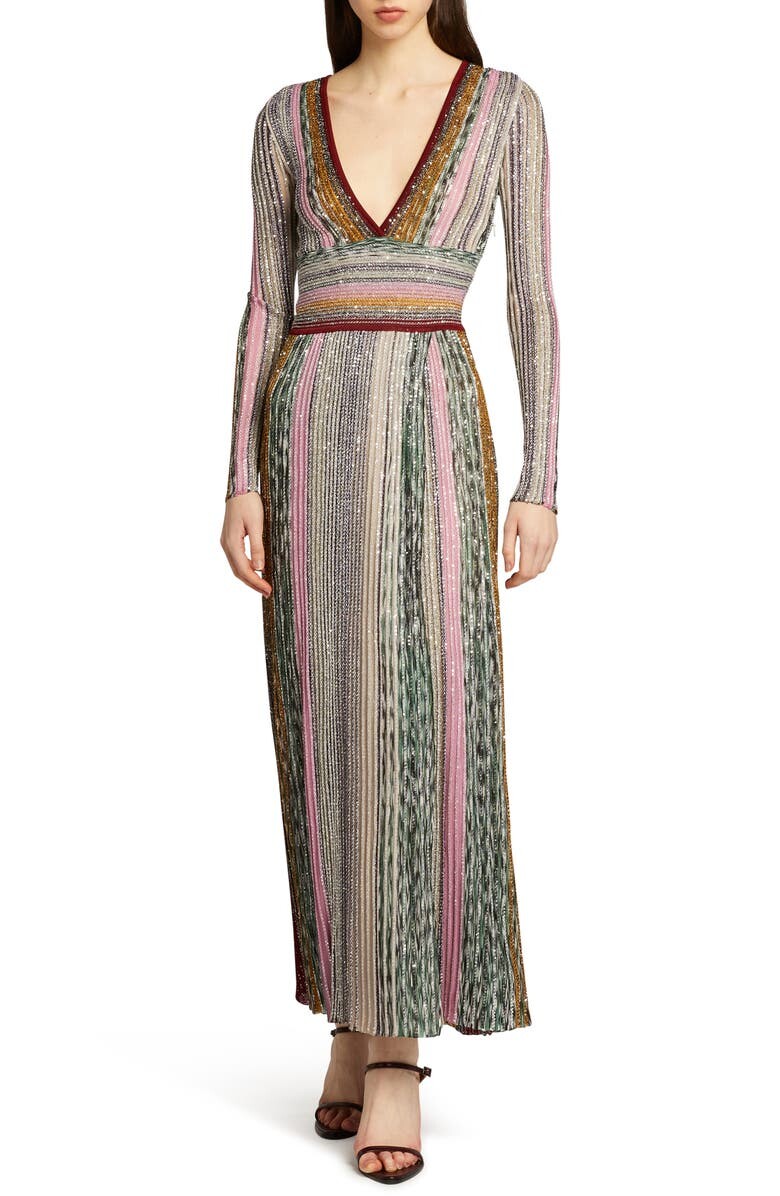 

Платье макси в полоску с пайетками и V-образным вырезом MISSONI
