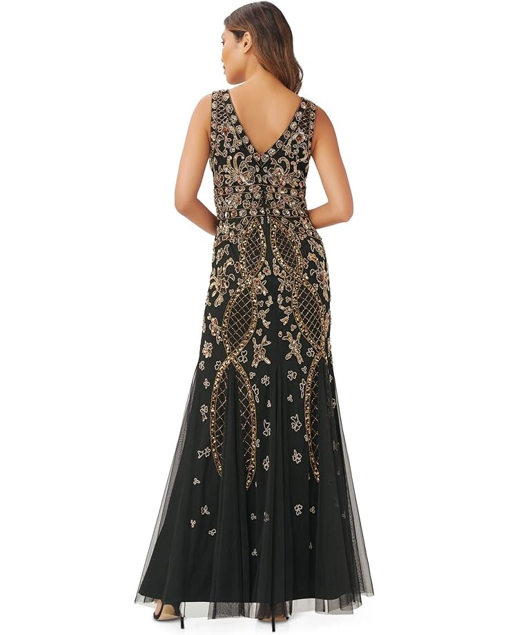 

Платье Adrianna Papell V-Neck Fully Beaded Long Gown, цвет Black/Gold