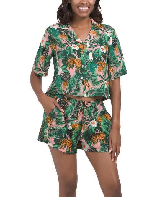 

Пижамный комплект с укороченным воротником и шортами Tiger Jungle Cynthia Rowley, зеленый