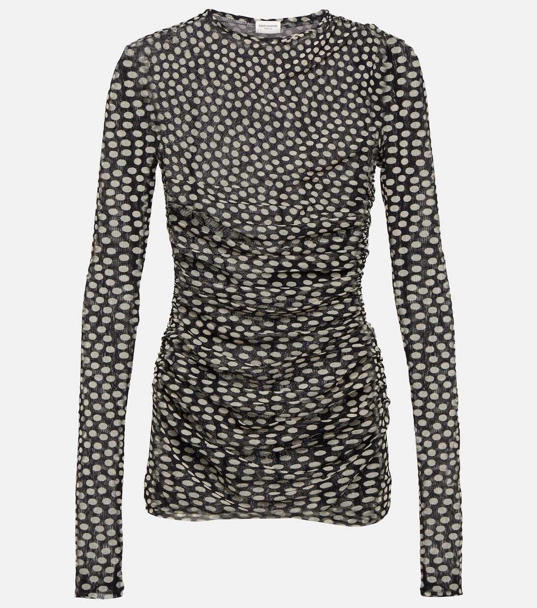 

Мини-платье в горошек со сборками Saint Laurent, черный