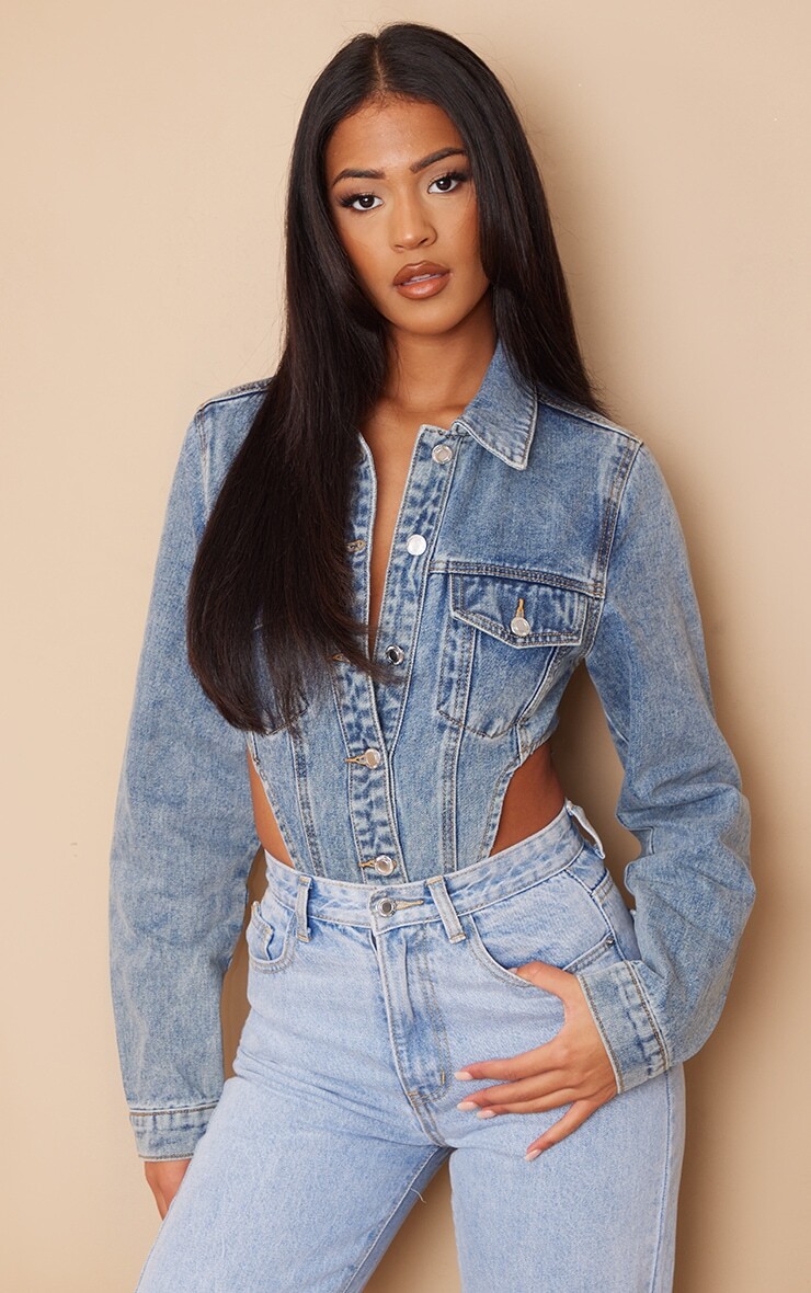 

PrettyLittleThing Высокая джинсовая куртка кислотно-синего цвета, высокое боди, Синий