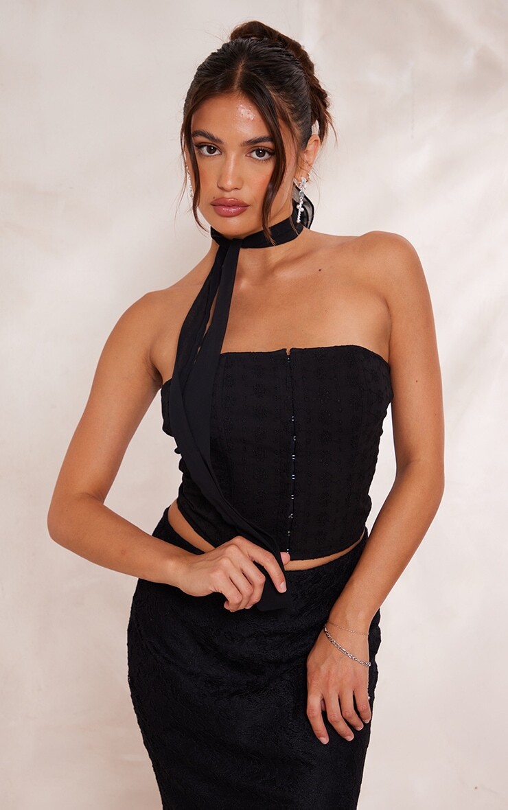 

PrettyLittleThing Черный корсет на крючках и проушинах Broderie
