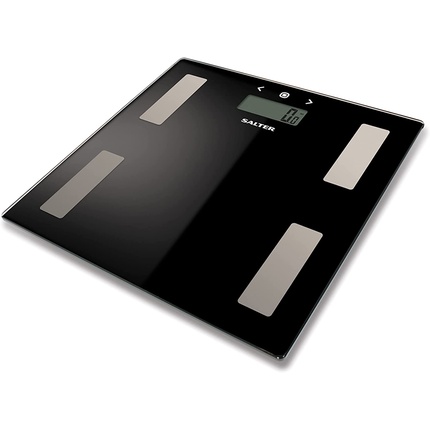 Salter 9150 BK3R Цифровые стеклянные весы для ванной комнаты для анализа тела с анализом телесного жира Вес, ИМТ, телесный жир/вода, ультратонкий, легко читаемый дисплей, 8 пользователей, функция пошагового нажатия