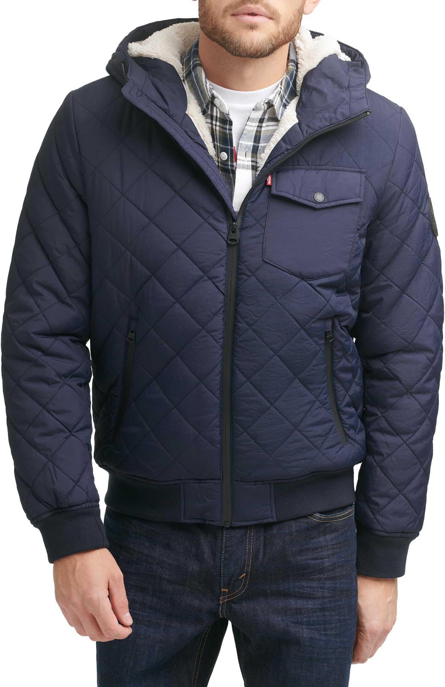 Куртка Diamond Quilted Bomber with Sherpa Lined Hood Levi's, темно-синий жилет zara quilted with hood черный