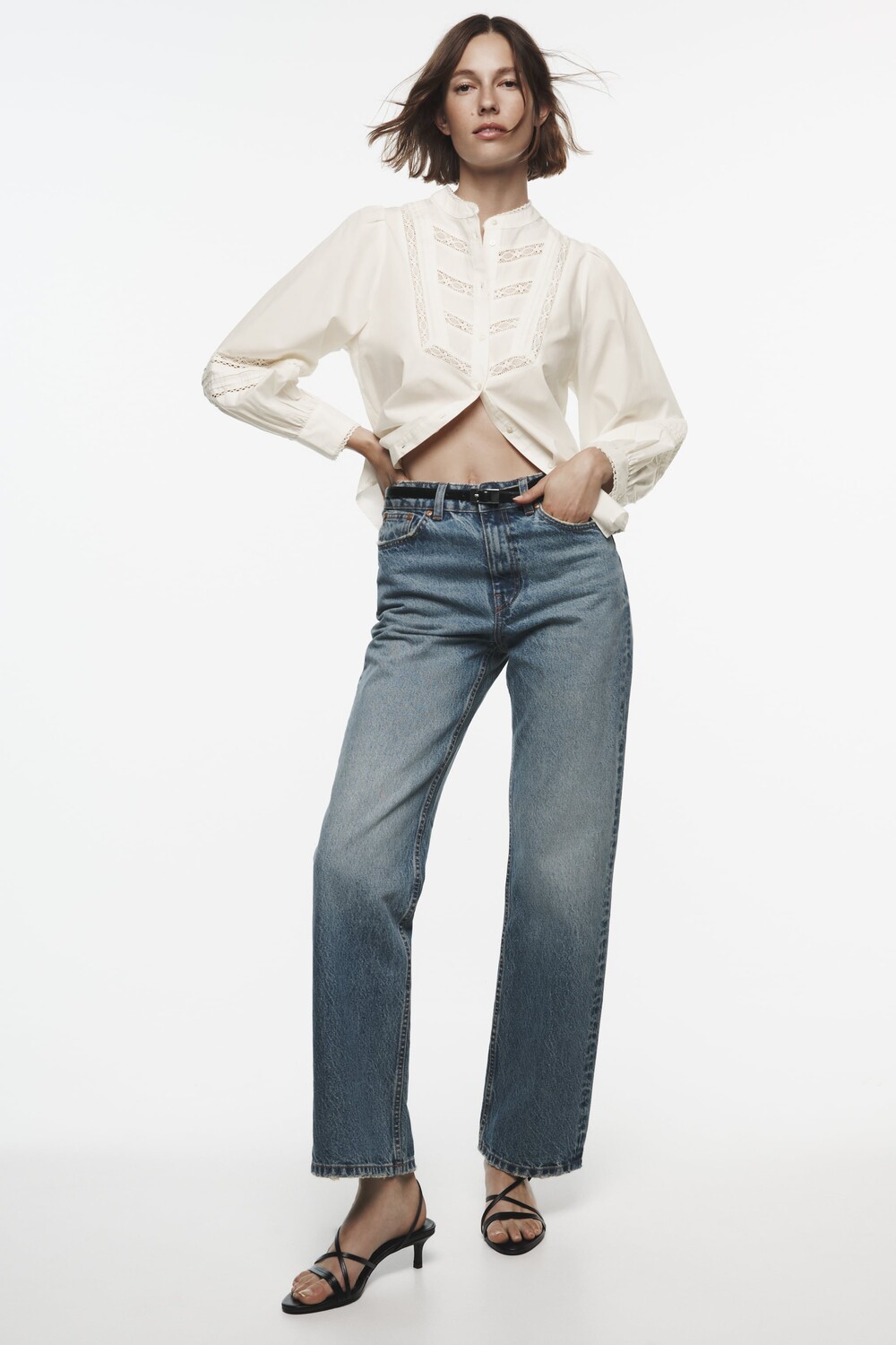 

Рубашка из поплина с кружевной отделкой Zara, экрю
