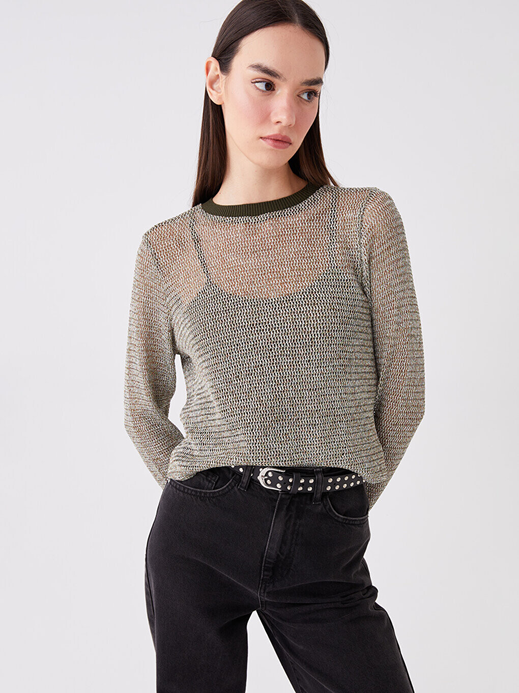 

Ажурная женская футболка с круглым вырезом и длинными рукавами LCW Casual, хаки