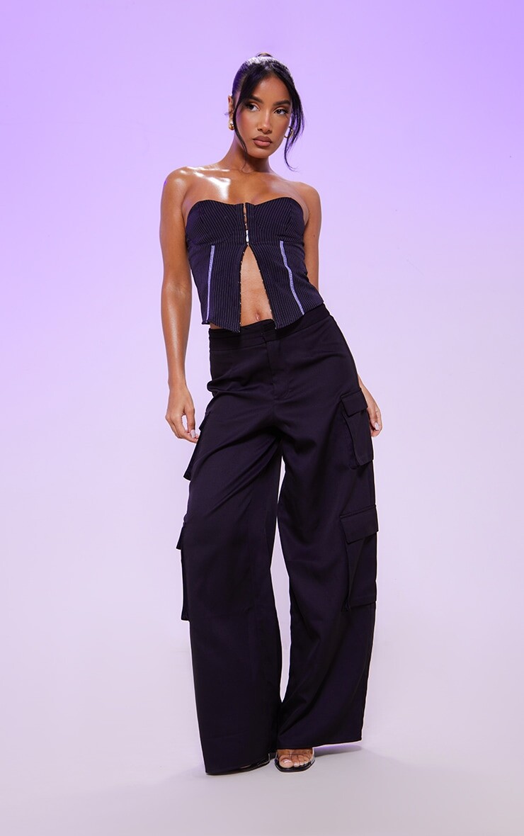 

PrettyLittleThing Черные строгие широкие брюки с тканым ремешком на поясе