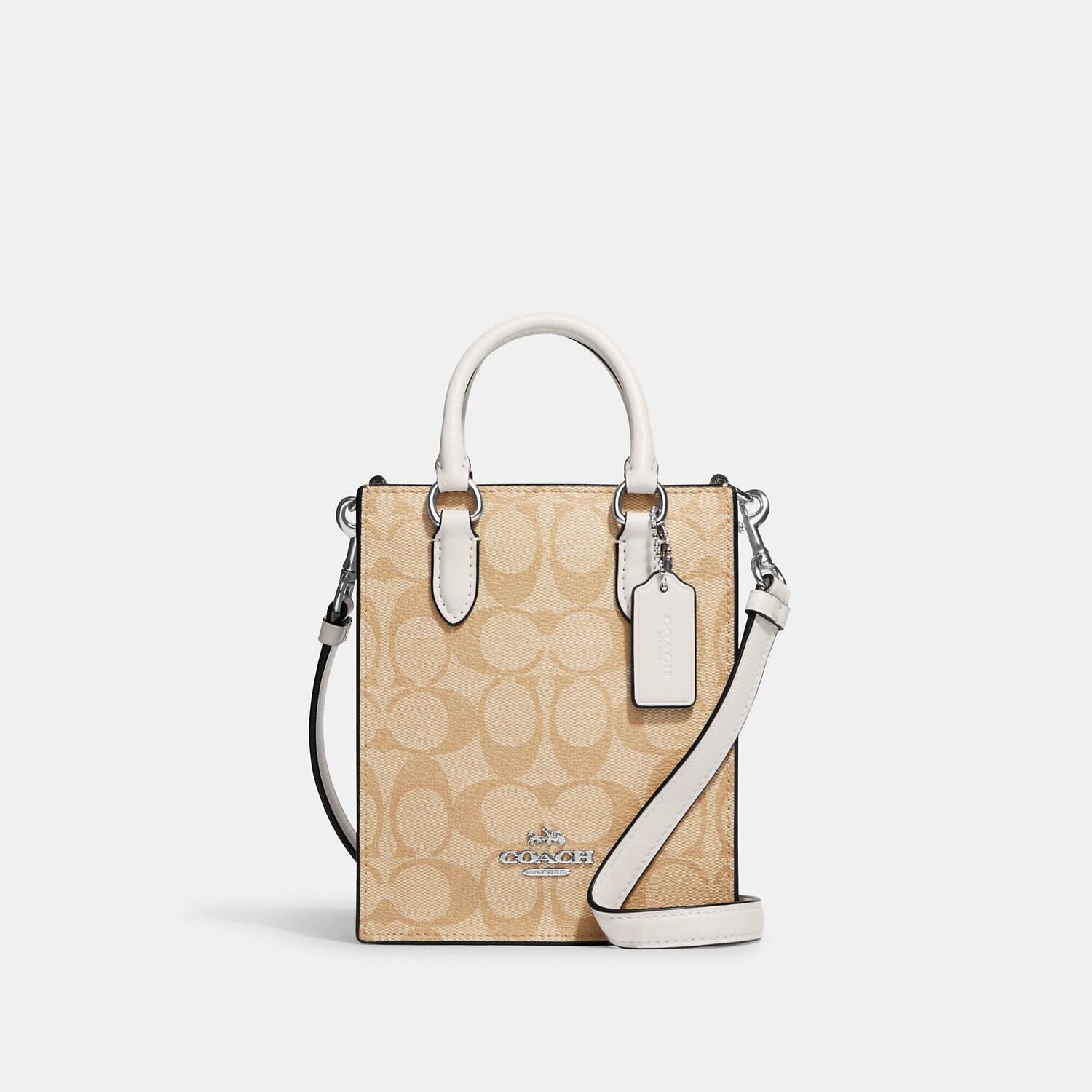 

Миниатюрная сумка-тоут Coach Outlet North South из фирменной парусины, цвет Silver/Light Khaki/Chalk