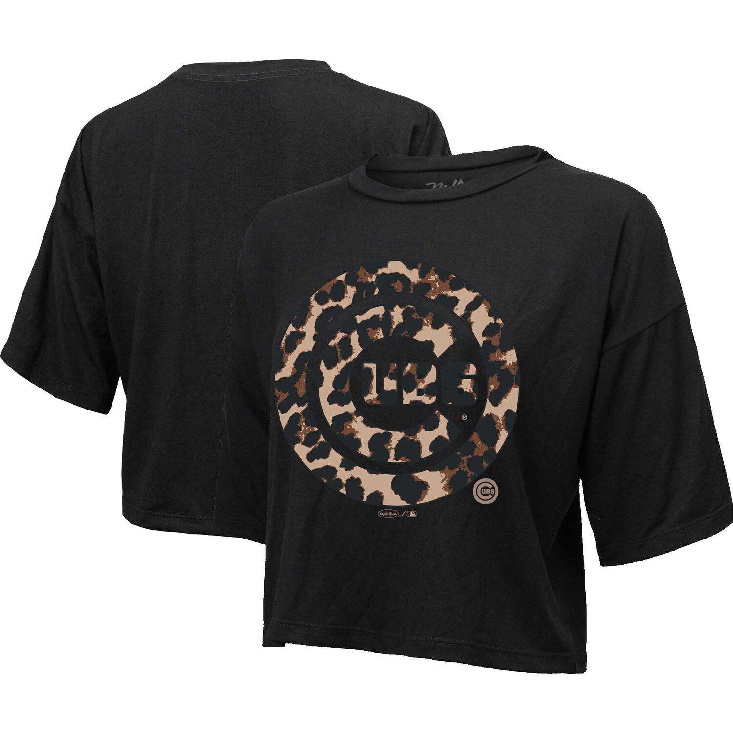 Черная женская укороченная футболка с леопардовым принтом Majestic Threads Chicago Cubs Majestic