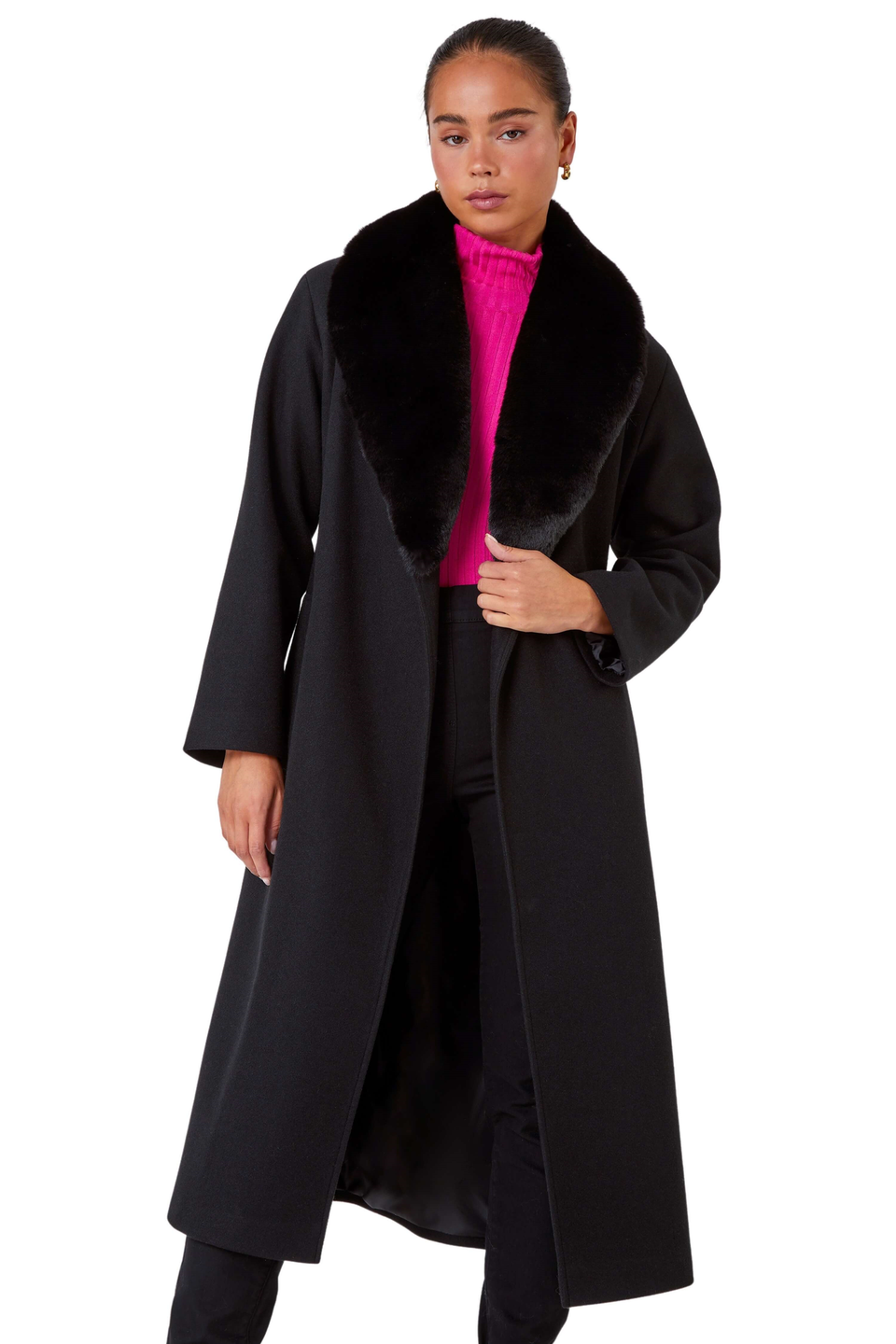 Черное длинное пальто с воротником из искусственного меха Roman Petite фотографии