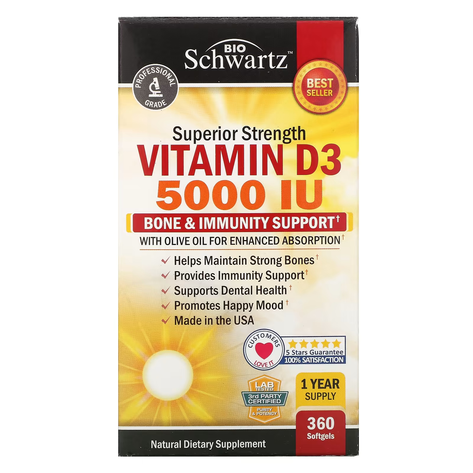Витамин D3 повышенной силы, 5000 МЕ, 360 мягких таблеток BioSchwartz кокосовый витамин d3 natural stacks 5000 ме 30 мягких таблеток