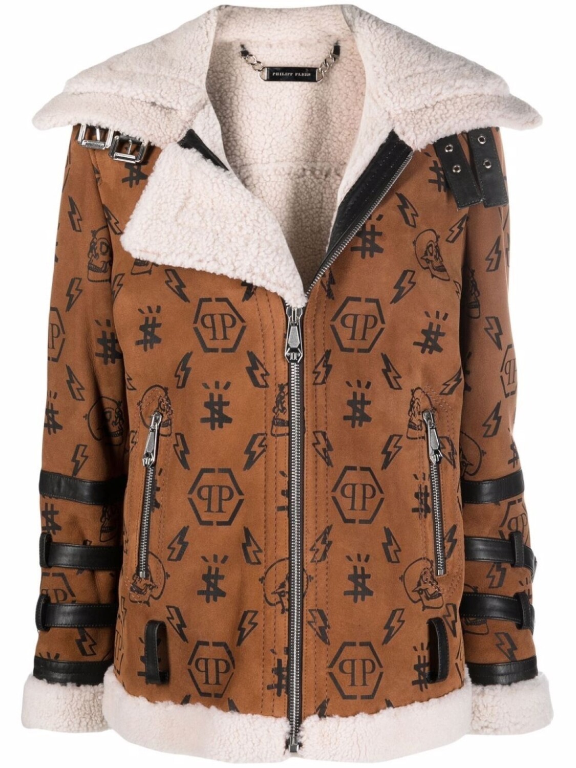 

Philipp Plein байкерская куртка с подкладкой из овчины и монограммой, коричневый