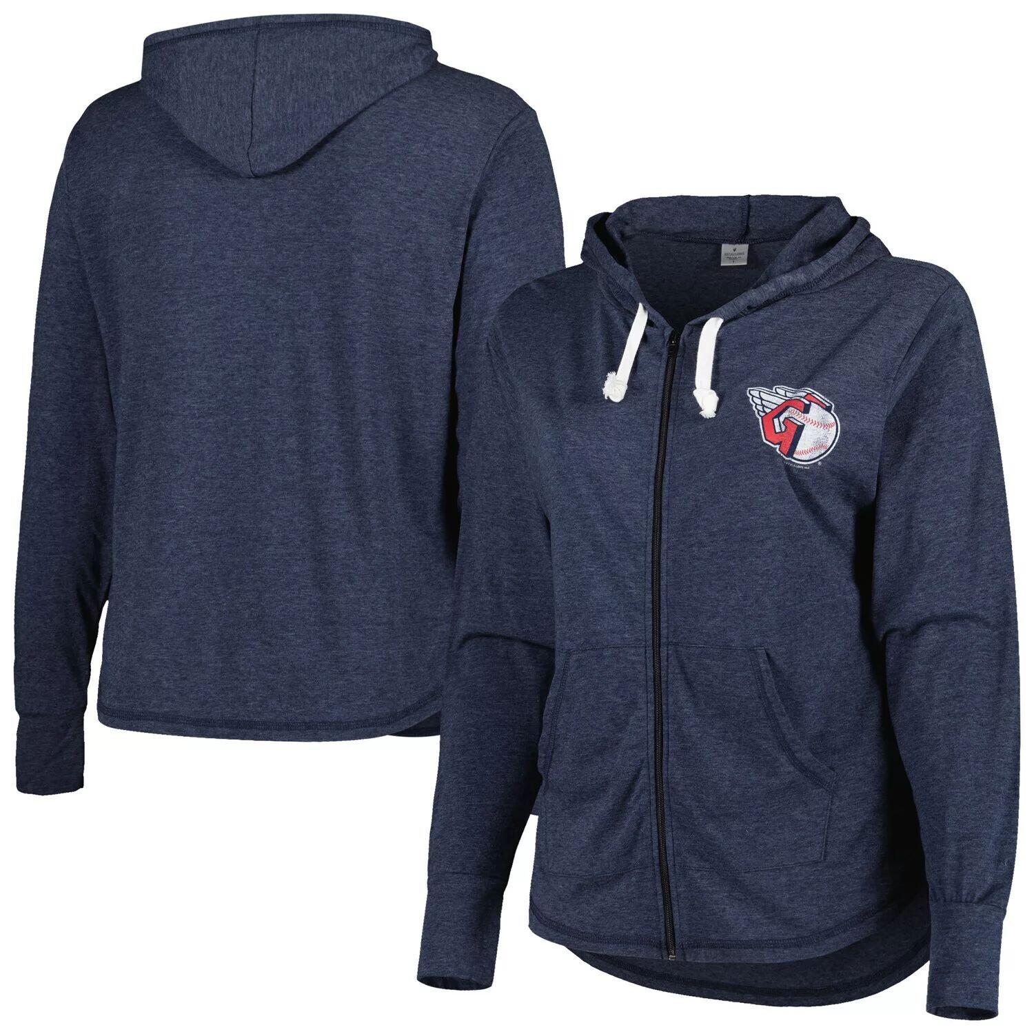 

Женская мягкая, как виноград, темно-синяя худи Cleveland Guardians Tri-Blend с молнией во всю длину и большим размером