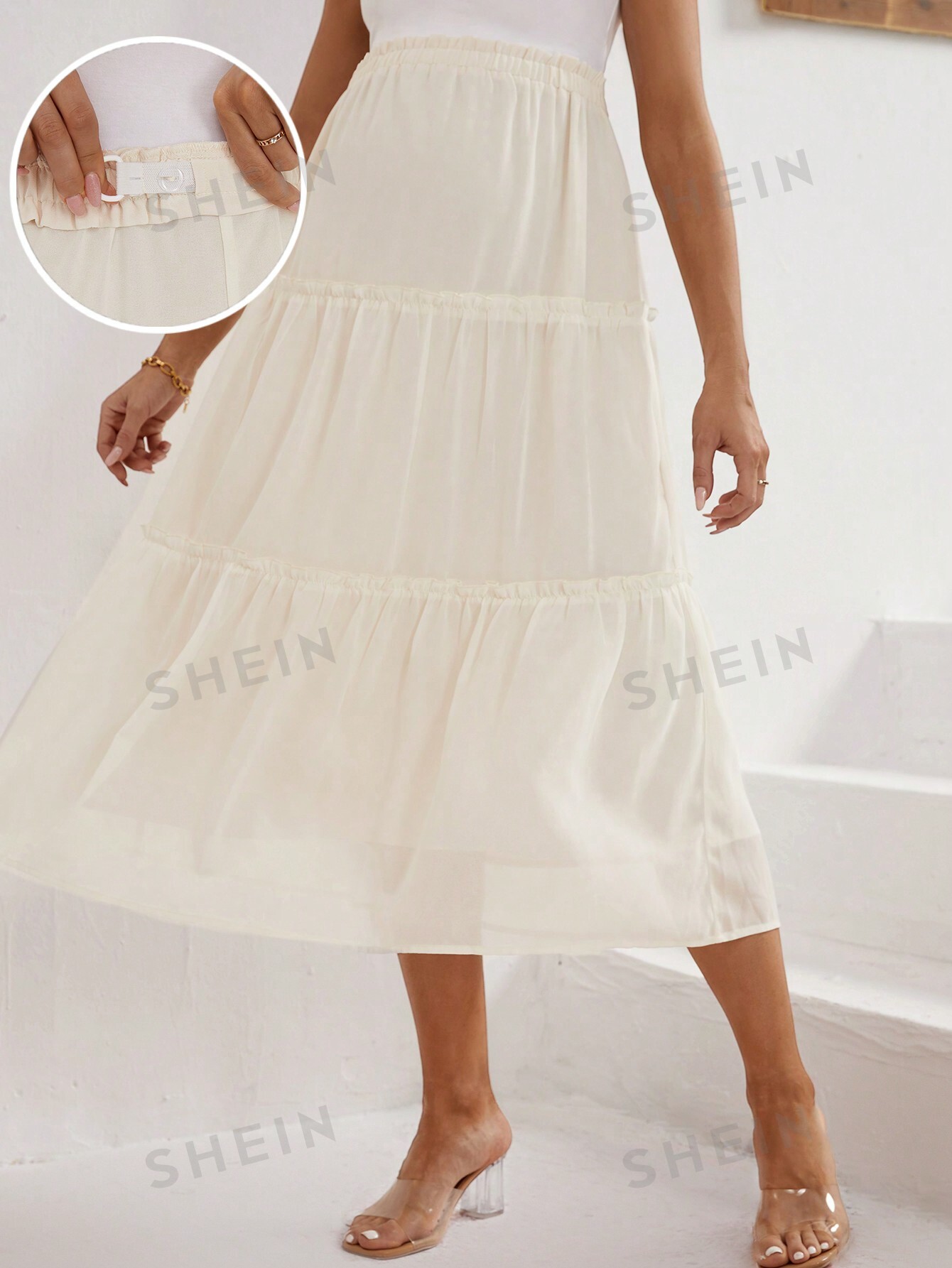 цена SHEIN Элегантная повседневная юбка-трапеция средней длины для беременных с рюшами по краю и эластичным поясом, абрикос