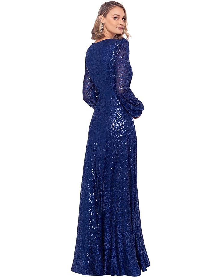Платье XSCAPE Long Sleeve Long V-Neck Sequin Gown, цвет Royal/Clear