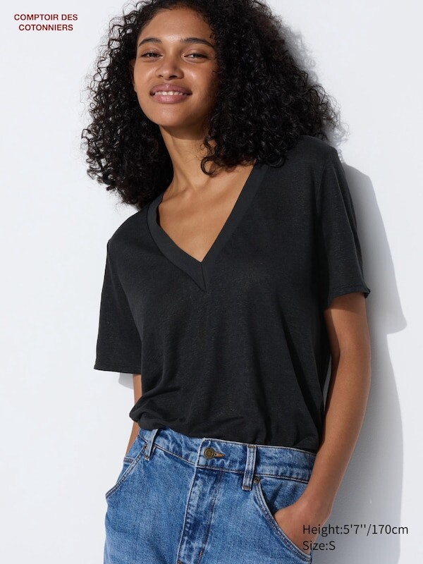 

Льняная футболка с v-образным вырезом и короткими рукавами Uniqlo, черный