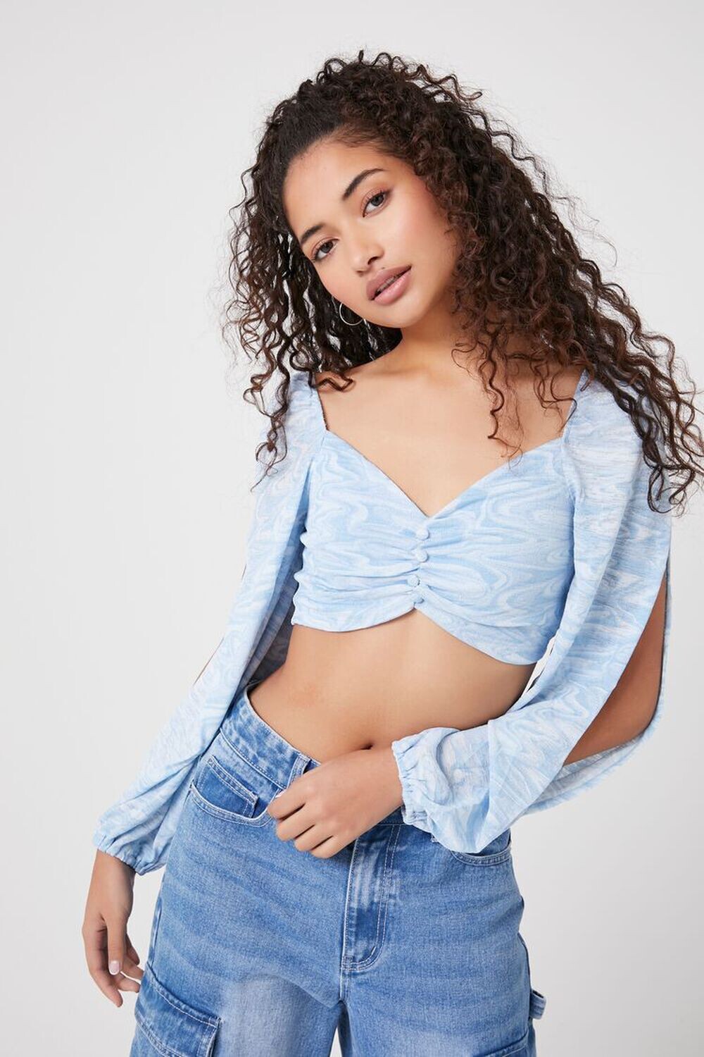 

Укороченный топ с мраморным принтом Forever 21, синий