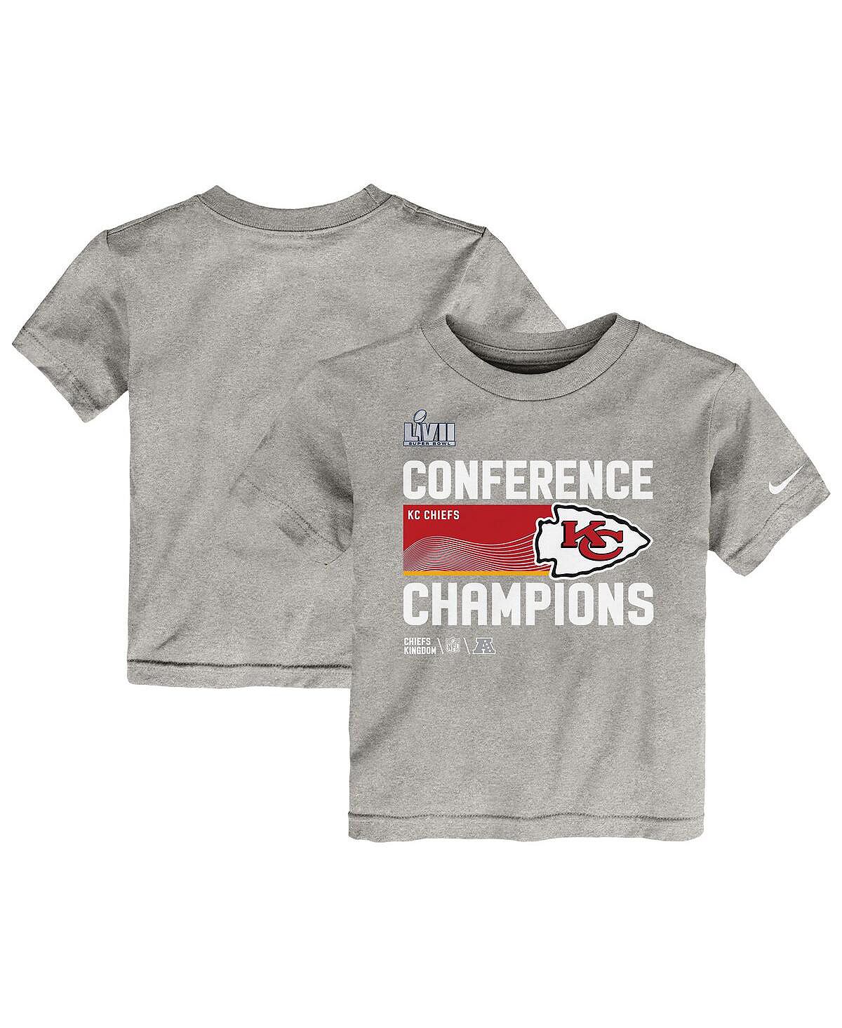 Серая футболка для мальчиков и девочек «Канзас-Сити Чифс» из коллекции трофеев чемпионов АФК 2022 года Nike коллекция 2022 года защитная медаль сообщества медали чемпионов из металла веерские сувениры