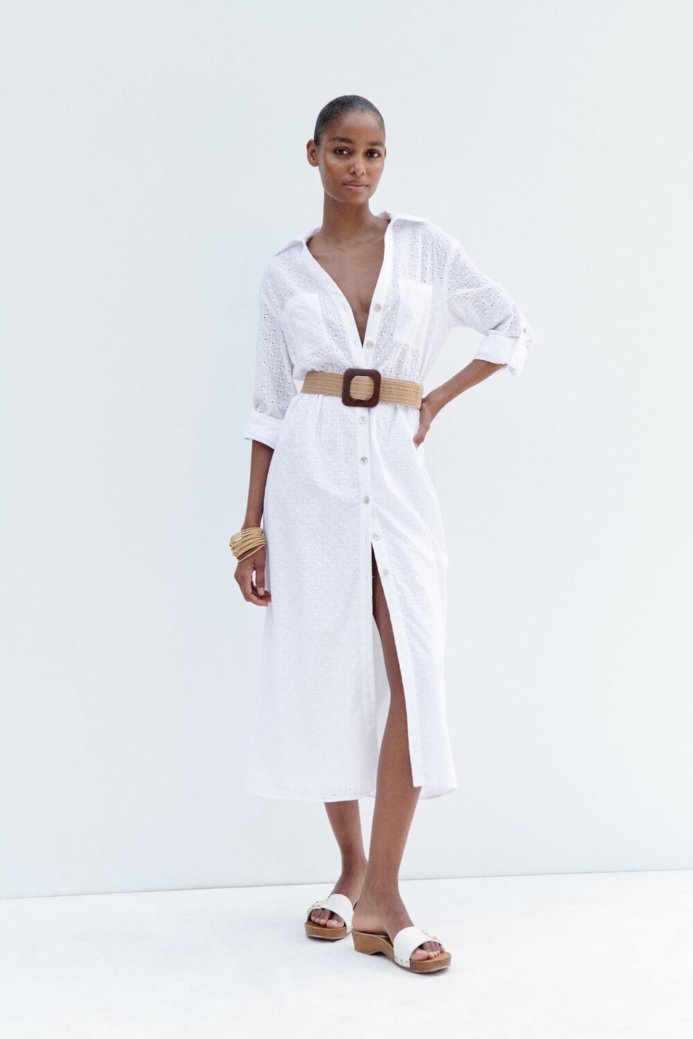 

Платье-рубашка миди с поясом ZARA, белый