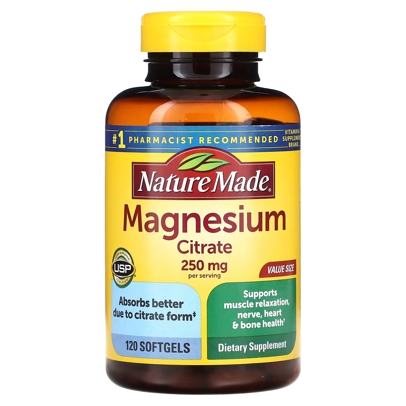 Магния цитрат Nature Made 250 мг, 120 капсул (125 мг в 1 капсуле) магний калий all nutrition tri magnesium potassium 100 капсул для нервной системы сердца мышц костей энергии