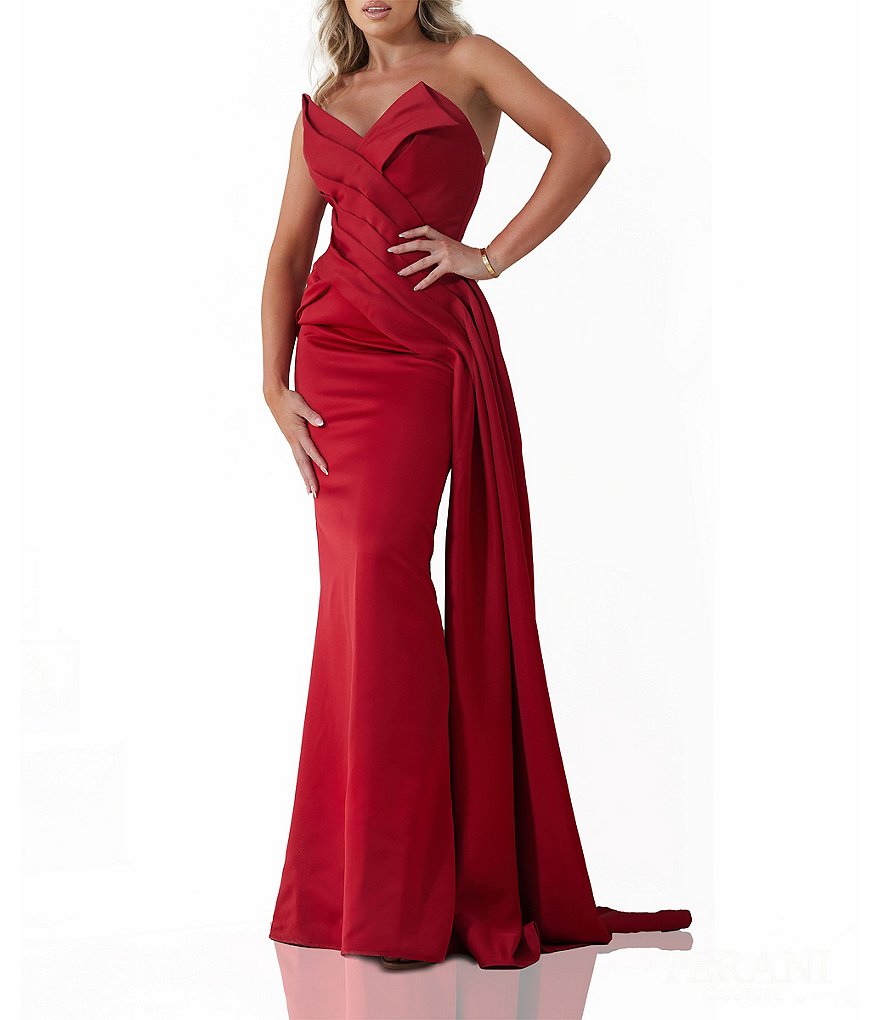 цена Terani Couture Атласное платье русалки без бретелек без рукавов с драпировкой по бокам, красный