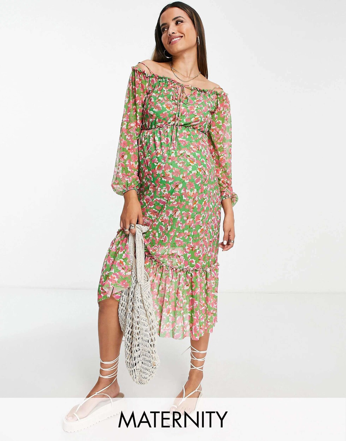 

Зеленое платье миди с бардо для беременных River Island River Island, Зеленый