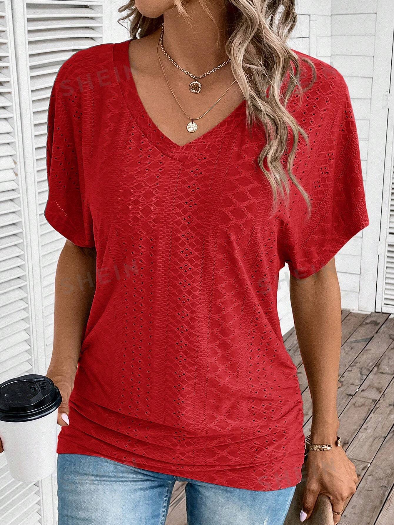 SHEIN LUNE Женская однотонная футболка с вышивкой и рукавами «летучая мышь», красный
