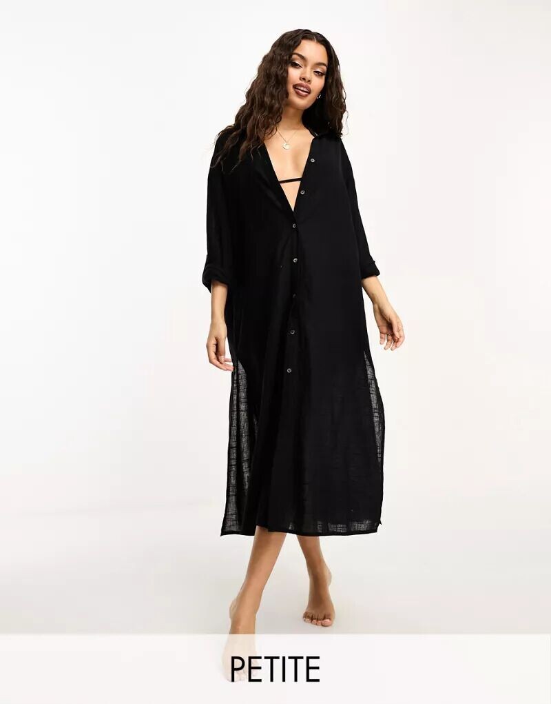 

Черная длинная пляжная рубашка с эффектом льна Miss Selfridge Petite