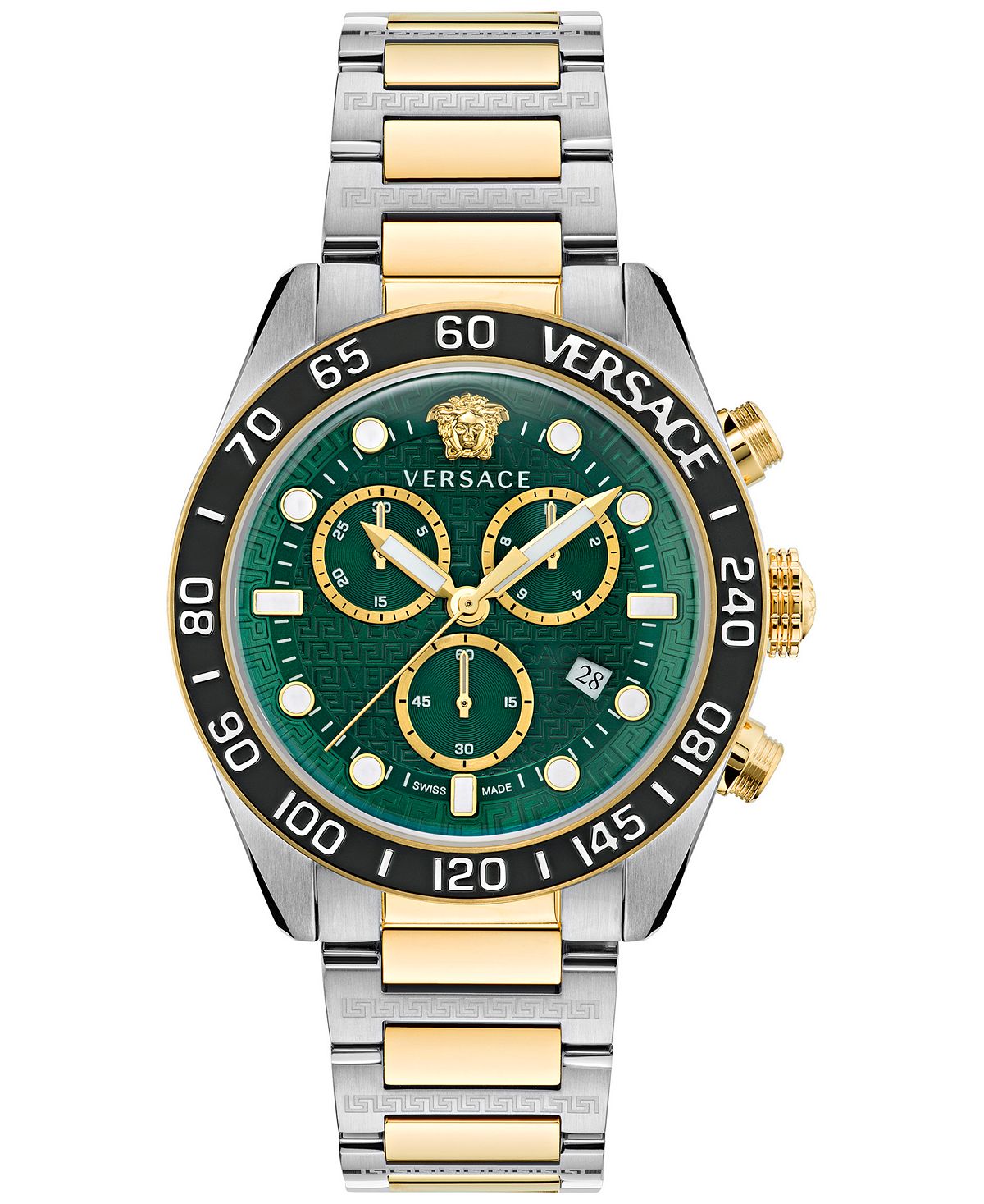 цена Мужские швейцарские часы с хронографом Greca Dome, двухцветный браслет, 43 мм Versace