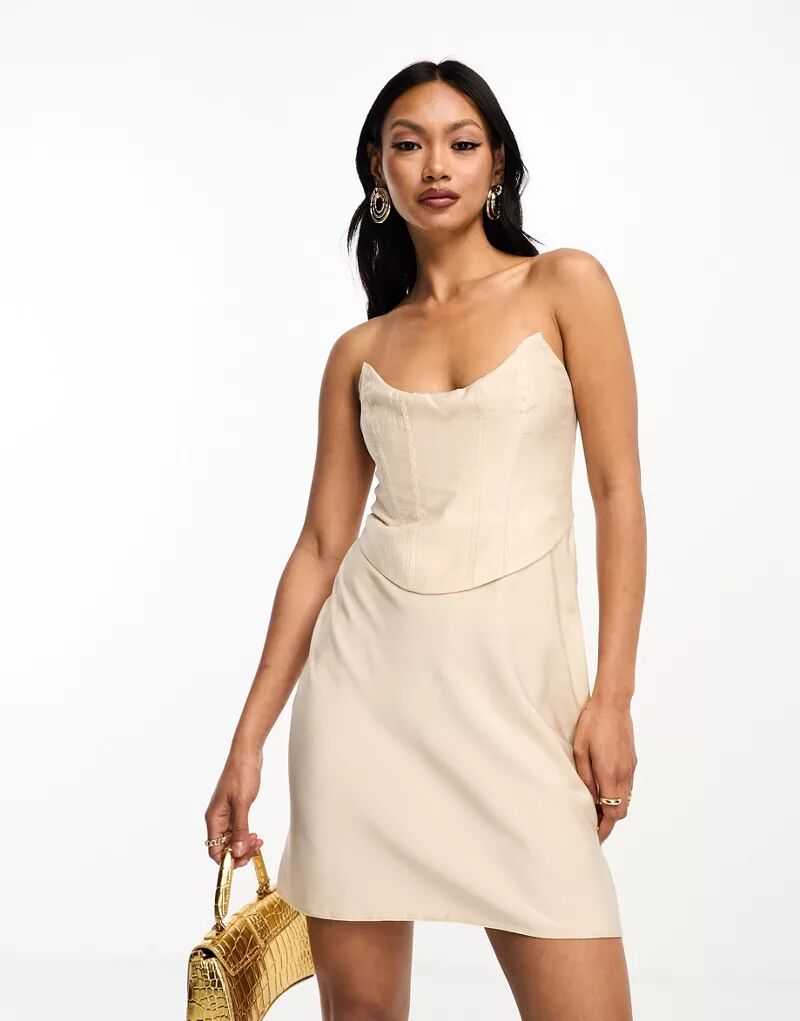 Короткое платье-комбинация устричного цвета с овальным вырезом, корсетом и контрастной тканью ASOS
