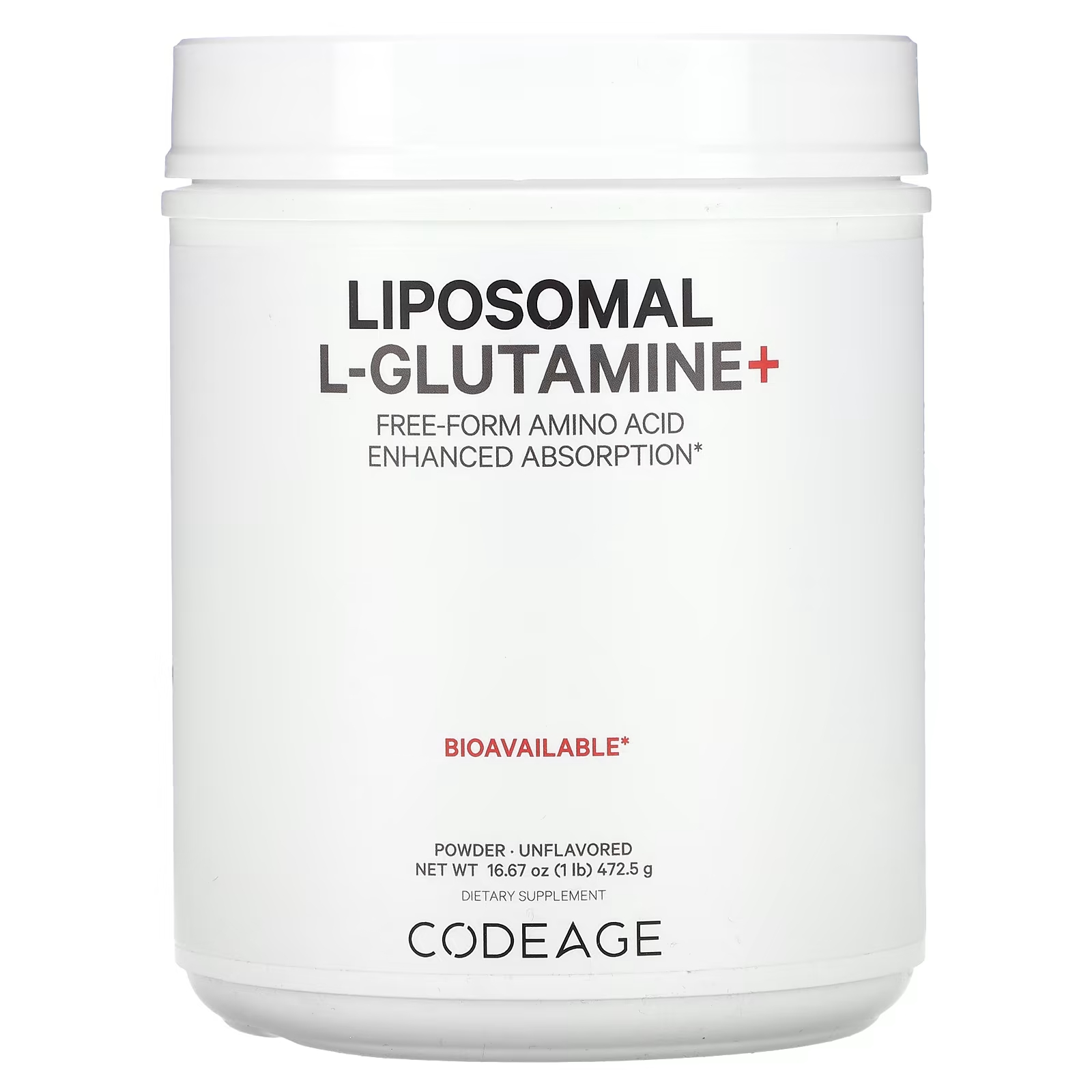 Codeage Липосомальный L-глутамин+ в виде порошка, аминокислоты в свободной форме, улучшенная абсорбция, без вкусовых добавок, 1 фунт (472,5 г)