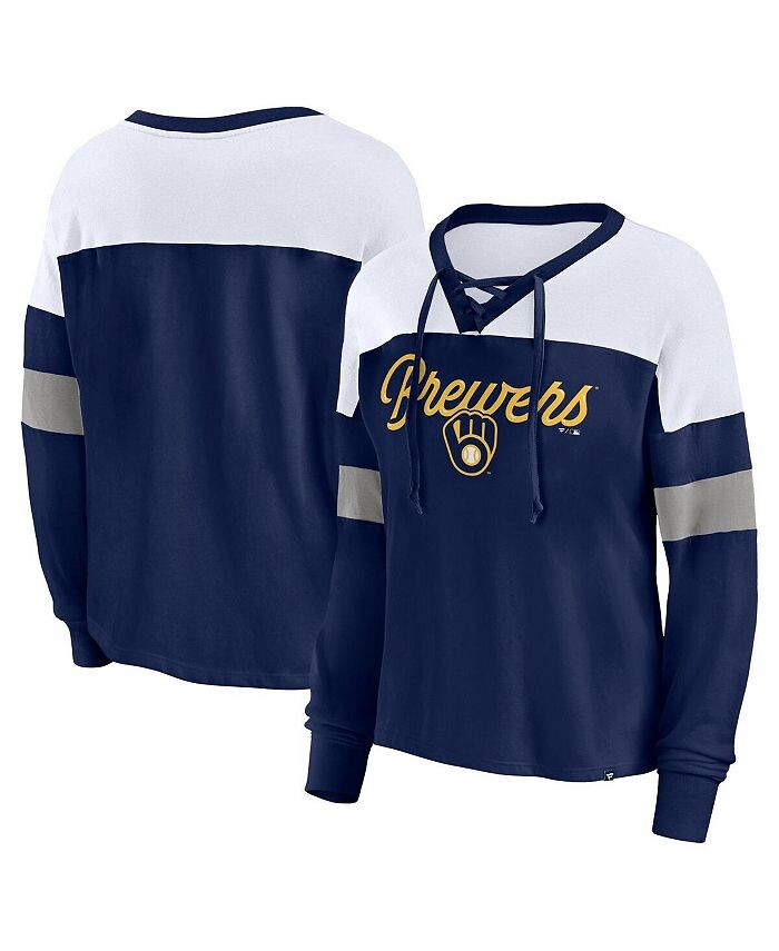 

Женская фирменная темно-синяя и белая футболка Milwaukee Brewers Even Match на шнуровке с длинными рукавами и v-образным вырезом Fanatics, синий
