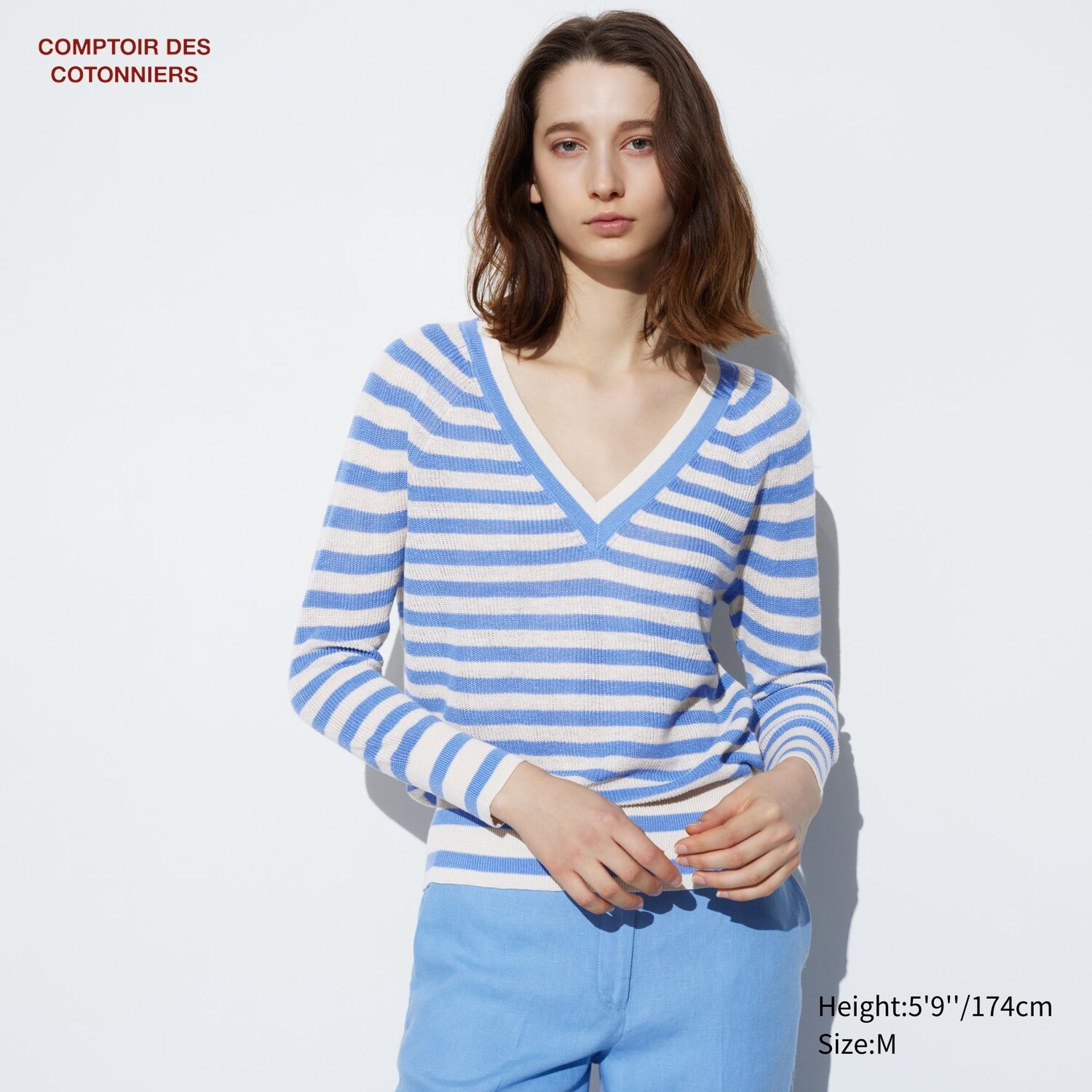 

Льняной свитер с v-образным вырезом UNIQLO, светло-синий
