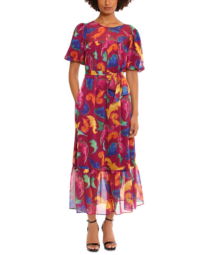 Женское платье с пышными рукавами и поясом с принтом Donna Morgan, фиолетовый цена и фото