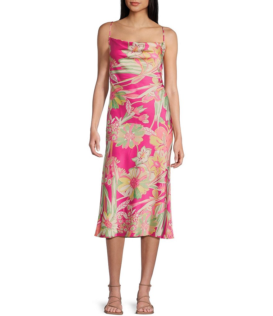 Платье миди с воротником-хомутом и завязкой на спине с цветочным принтом и бретельками-спагетти Next Up, розовый