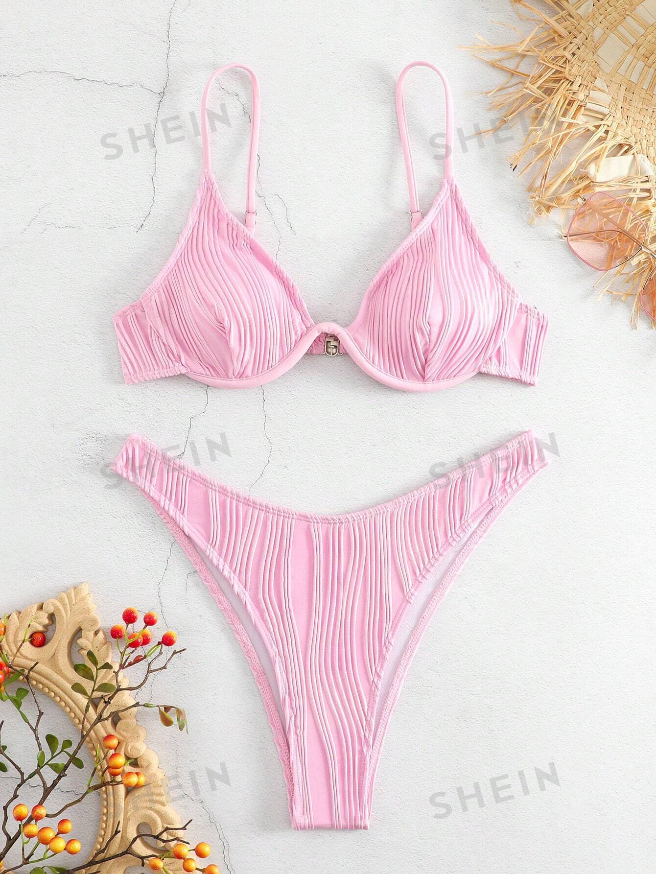 SHEIN Swim Basics Однотонный текстурированный раздельный купальник на косточках, детский розовый