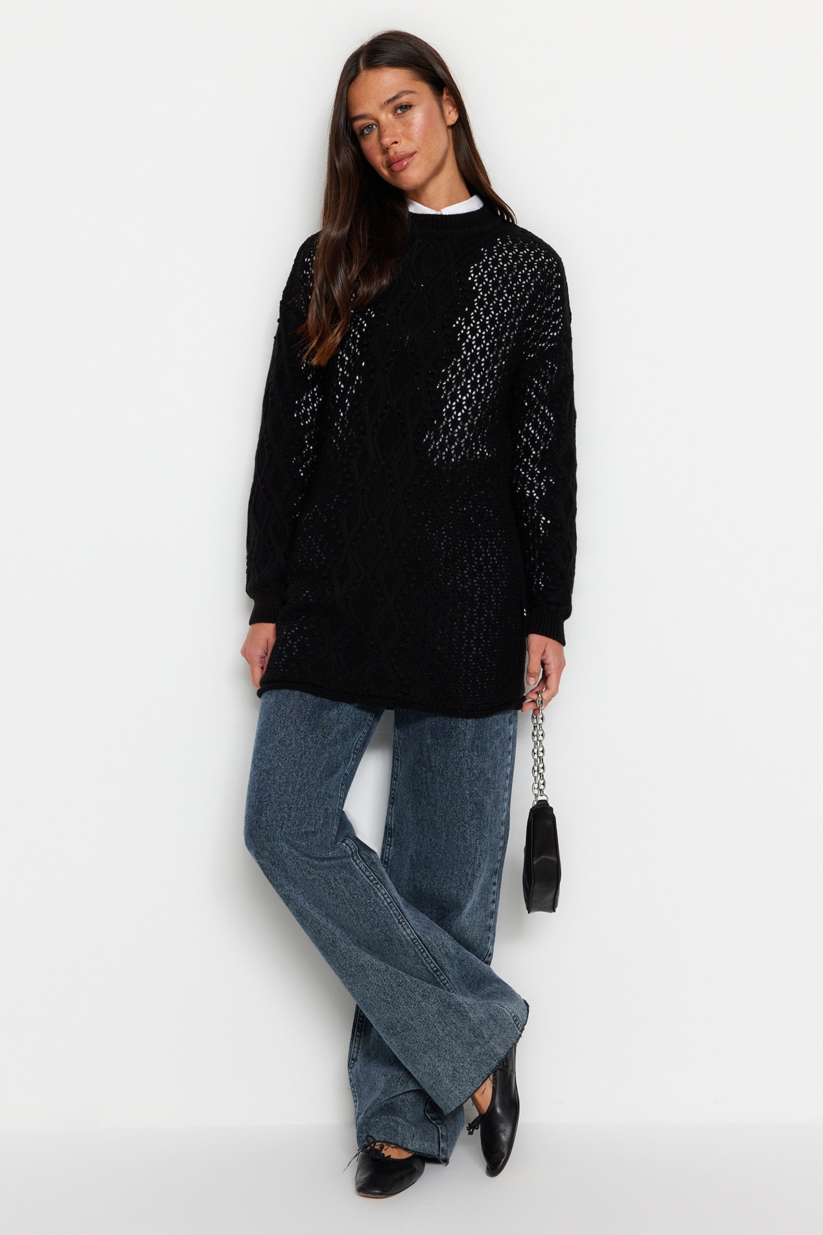 Черный ажурный вязаный свитер Trendyol Modest
