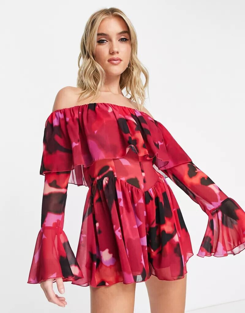 

Шифоновый комбинезон с открытыми плечами ASOS струящегося расклешенного кроя с размытым цветочным принтом