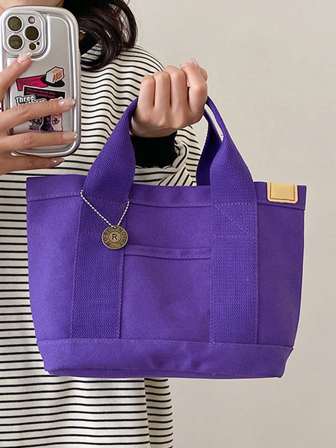 Однотонная большая сумка-саквояж, фиолетовый квадратная сумка с двойной ручкой и мини бантом бежевый