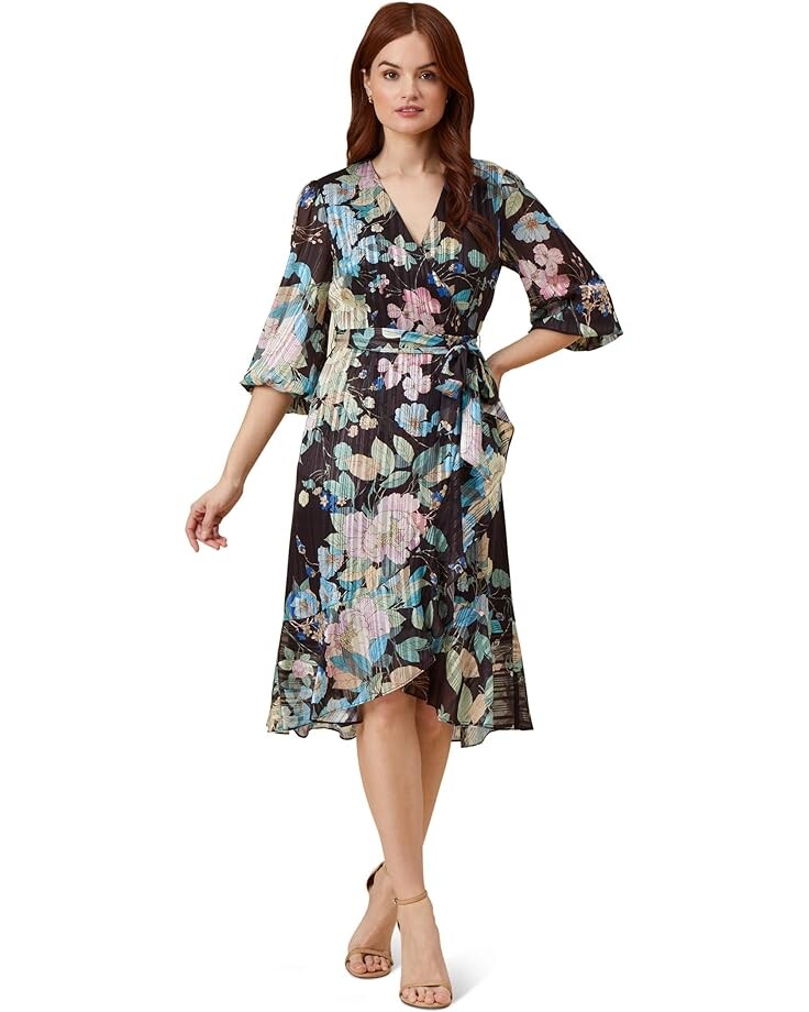 

Платье Adrianna Papell Printed Floral Chiffon Wrap with Ruffle Hem, черный