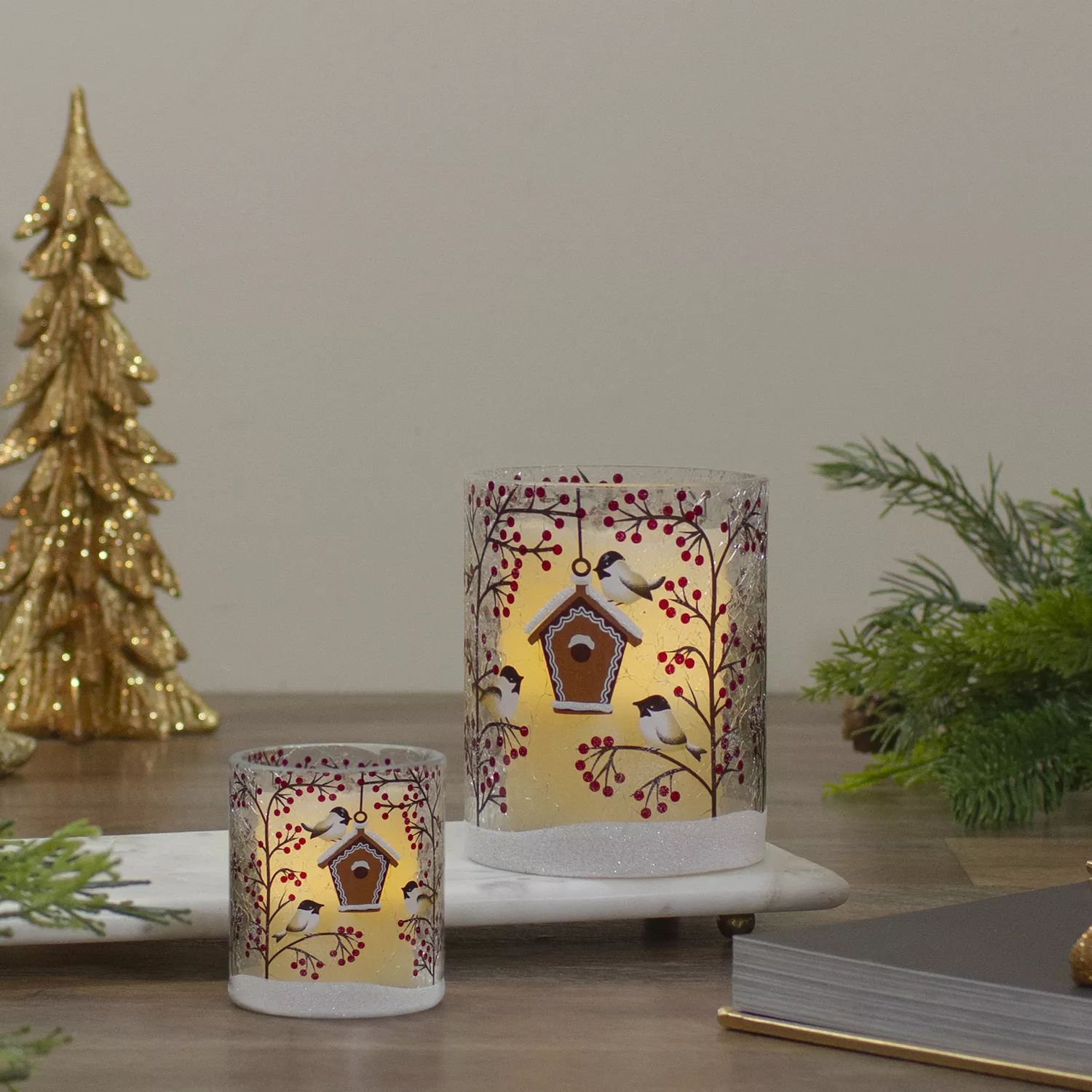5-дюймовый беспламенный стеклянный рождественский подсвечник с воробьями и ягодами, расписанный вручную подсвечник 1 свеча золотые фантазии 18см керамика золото